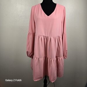 Pink Tiered Babydoll Long Sleeve Dress – Size L –‎ 100% Polyester